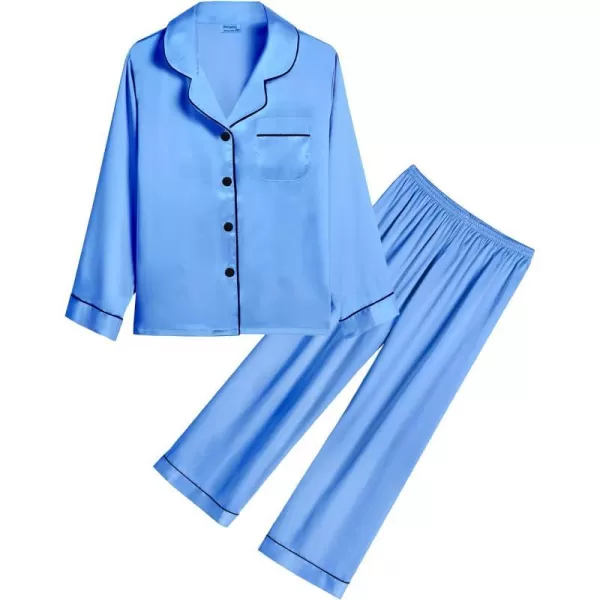 SWOMOG Kid Girls Boys Silk Satin Pajamas Set ButtonDown PJs Sets TwoPiece Lounge Sets Long Sleeve White SleepwearMarina Blue