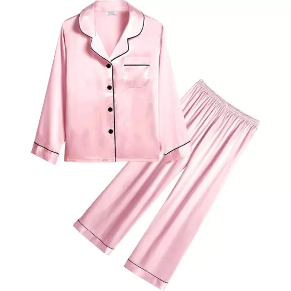 SWOMOG Kid Girls Boys Silk Satin Pajamas Set ButtonDown PJs Sets TwoPiece Lounge Sets Long Sleeve White SleepwearPink