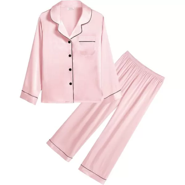 SWOMOG Kid Girls Boys Silk Satin Pajamas Set ButtonDown PJs Sets TwoPiece Lounge Sets Long Sleeve White SleepwearSakura Pink