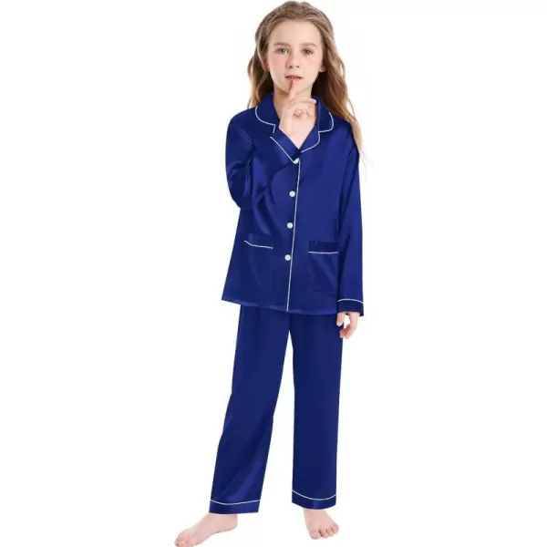 SWOMOG Kid Silk Satin Pajamas Set Girls Boys pj Set with 2 Pockets Long Sleeve Sleepwear Buttonup Lounge Sets NightwearDeep Navy Blue