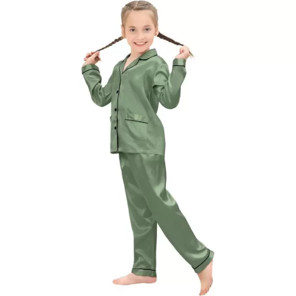 SWOMOG Kid Silk Satin Pajamas Set Girls Boys pj Set with 2 Pockets Long Sleeve Sleepwear Buttonup Lounge Sets NightwearMatcha