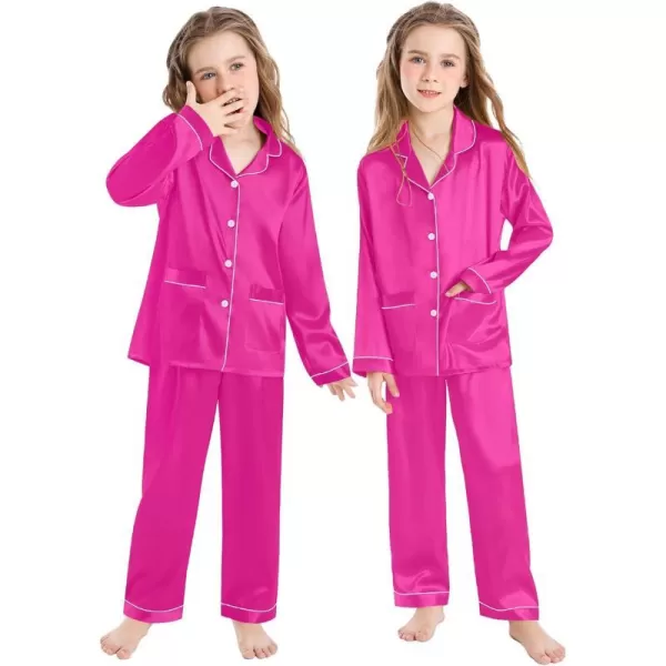 SWOMOG Kid Silk Satin Pajamas Set Girls Boys pj Set with 2 Pockets Long Sleeve Sleepwear Buttonup Lounge Sets NightwearRose Red