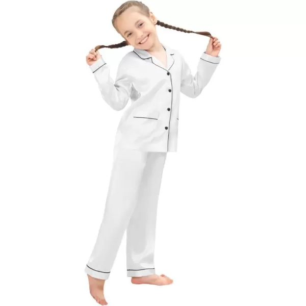 SWOMOG Kid Silk Satin Pajamas Set Girls Boys pj Set with 2 Pockets Long Sleeve Sleepwear Buttonup Lounge Sets NightwearWhite