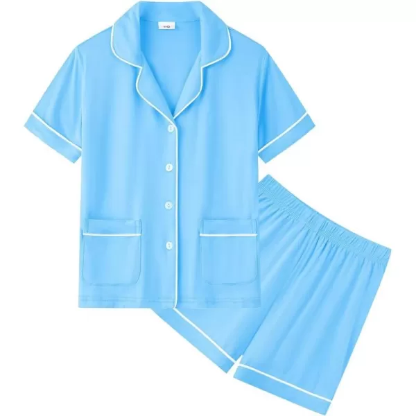 SWOMOG Kids Girls Boys Modal Pajamas Set Short Sleeve PJs Sets ButtonDown Soft Lounge Sets With Two PocketsLight Blue