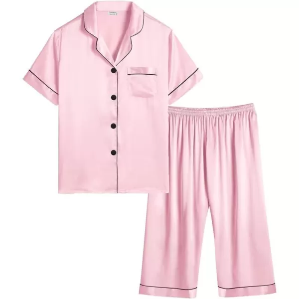 SWOMOG Kids Girls Boys Silk Pajamas Set ButtonDown Satin PJs TwoPiece Lounge Sets Short Sleeve Sleepwear with Capri PantsSWOMOG Kids Girls Boys Silk Pajamas Set ButtonDown Satin PJs TwoPiece Lounge Sets Short Sleeve Sleepwear with Capri Pants