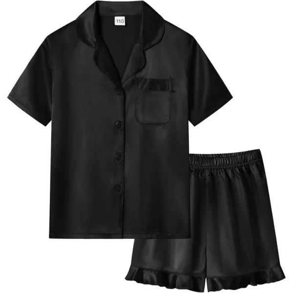 SWOMOG Kids Girls Silk Satin Pajamas Sets Short Sleeve Button Down Sleepwear with Cute Ruffle Trim Silky PJs Teens Size 416Black