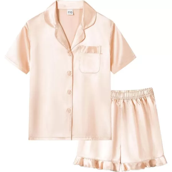 SWOMOG Kids Girls Silk Satin Pajamas Sets Short Sleeve Button Down Sleepwear with Cute Ruffle Trim Silky PJs Teens Size 416Champagne