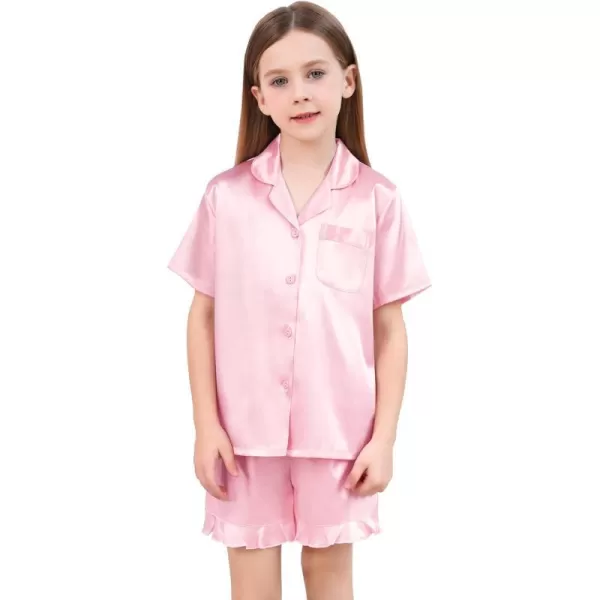 SWOMOG Kids Girls Silk Satin Pajamas Sets Short Sleeve Button Down Sleepwear with Cute Ruffle Trim Silky PJs Teens Size 416Pink