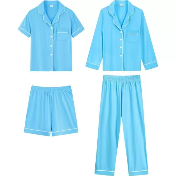 SWOMOG Kids Modal Pajama Set 4Pcs Long Sleeve Sleepwear Button Down Short Pjs Set Girls Boys Soft Loungewear 413 YearsLight Blue