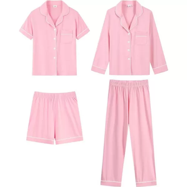 SWOMOG Kids Modal Pajama Set 4Pcs Long Sleeve Sleepwear Button Down Short Pjs Set Girls Boys Soft Loungewear 413 YearsPink