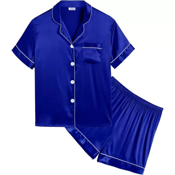 SWOMOG Kids Satin Pajamas Sets Girls Boys ButtonDown Pjs Short Sleeve Silk Nightwear 2 Piece Lounge SetsBlue