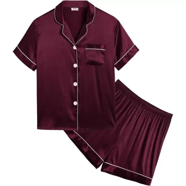 SWOMOG Kids Satin Pajamas Sets Girls Boys ButtonDown Pjs Short Sleeve Silk Nightwear 2 Piece Lounge SetsDark Wine Red