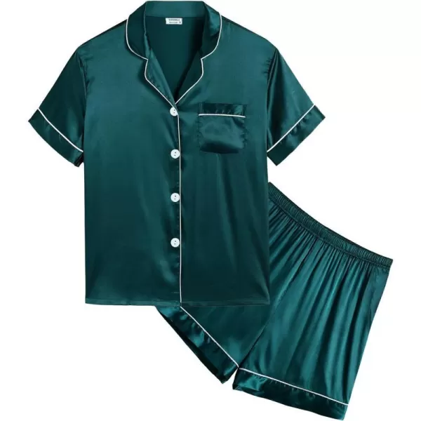 SWOMOG Kids Satin Pajamas Sets Girls Boys ButtonDown Pjs Short Sleeve Silk Nightwear 2 Piece Lounge SetsDeep Green