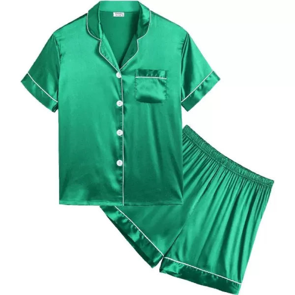 SWOMOG Kids Satin Pajamas Sets Girls Boys ButtonDown Pjs Short Sleeve Silk Nightwear 2 Piece Lounge SetsEmerald Green