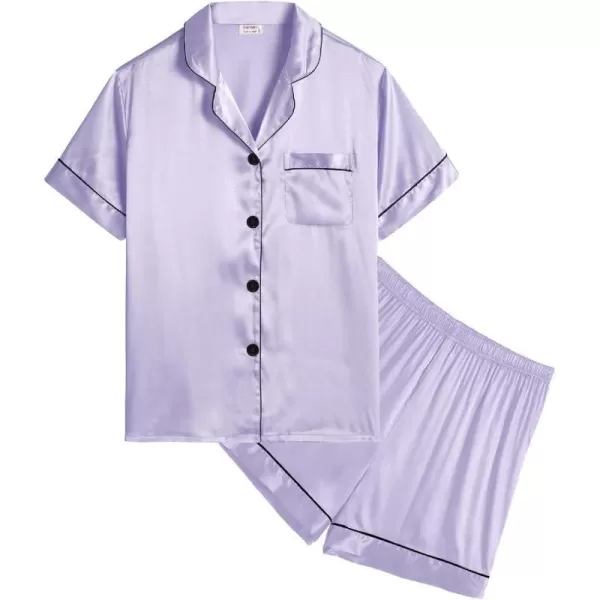 SWOMOG Kids Satin Pajamas Sets Girls Boys ButtonDown Pjs Short Sleeve Silk Nightwear 2 Piece Lounge SetsLavender