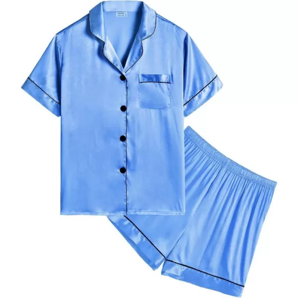 SWOMOG Kids Satin Pajamas Sets Girls Boys ButtonDown Pjs Short Sleeve Silk Nightwear 2 Piece Lounge SetsMarina Blue