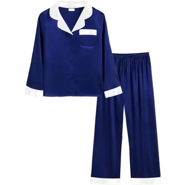 SWOMOG Kids Satin Pajamas Sets Girls Boys Long Sleeve Sleepwear Button Down Pjs Set 2 PCS Loungewear SetsDeep Navy Blue