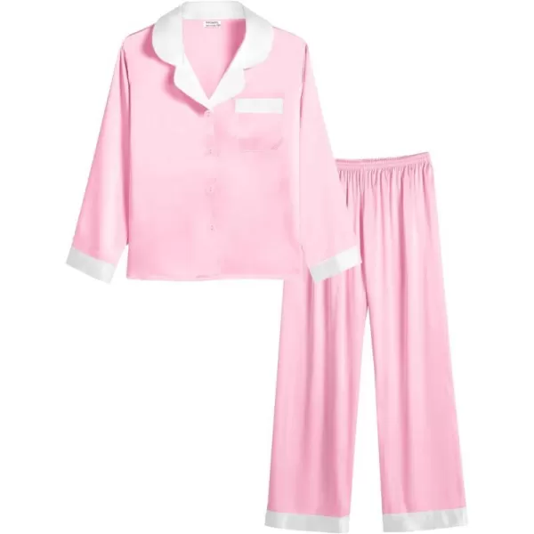 SWOMOG Kids Satin Pajamas Sets Girls Boys Long Sleeve Sleepwear Button Down Pjs Set 2 PCS Loungewear SetsPink