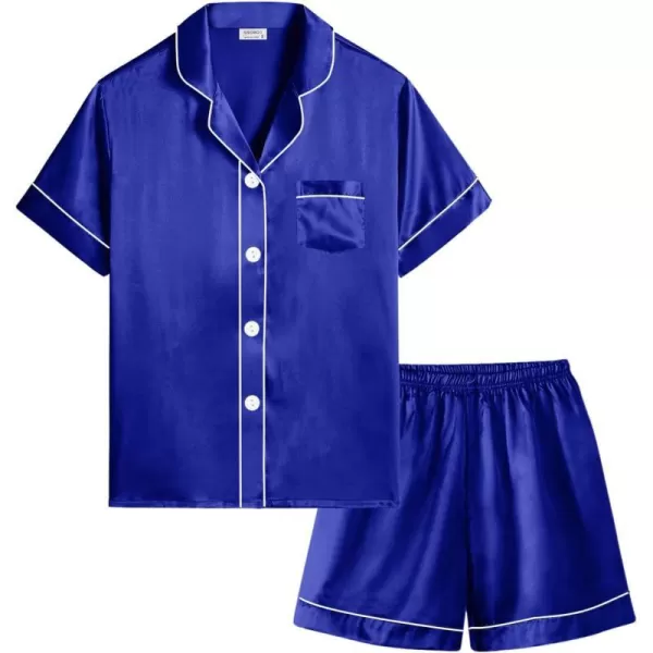 SWOMOG Kids Silk Satin Pajamas Set Girls Boys ButtonDown Sleepwear Short Sleeve 2 Piece PJs Sets Lounge SetsBlue