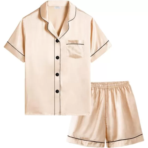 SWOMOG Kids Silk Satin Pajamas Set Girls Boys ButtonDown Sleepwear Short Sleeve 2 Piece PJs Sets Lounge SetsChampagne