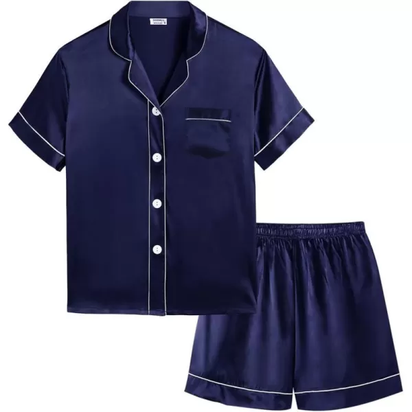 SWOMOG Kids Silk Satin Pajamas Set Girls Boys ButtonDown Sleepwear Short Sleeve 2 Piece PJs Sets Lounge SetsDeep Navy Blue