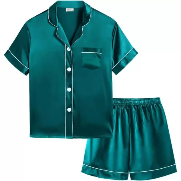 SWOMOG Kids Silk Satin Pajamas Set Girls Boys ButtonDown Sleepwear Short Sleeve 2 Piece PJs Sets Lounge SetsGreen