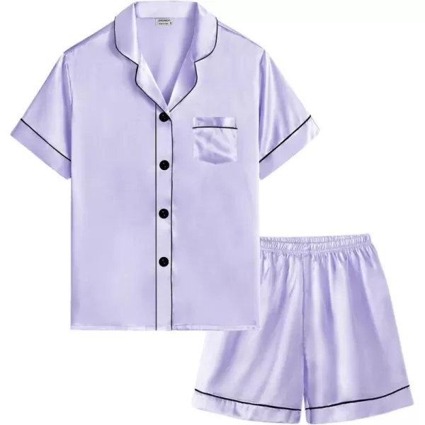 SWOMOG Kids Silk Satin Pajamas Set Girls Boys ButtonDown Sleepwear Short Sleeve 2 Piece PJs Sets Lounge SetsLavender