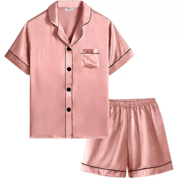 SWOMOG Kids Silk Satin Pajamas Set Girls Boys ButtonDown Sleepwear Short Sleeve 2 Piece PJs Sets Lounge SetsMisty Rose