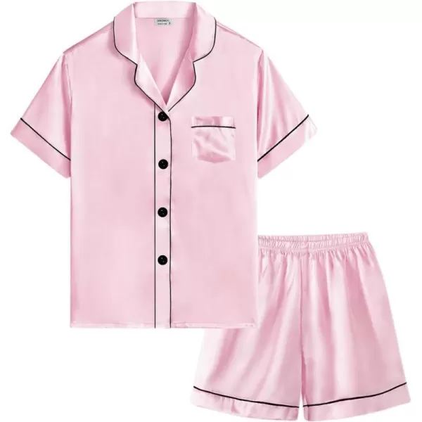 SWOMOG Kids Silk Satin Pajamas Set Girls Boys ButtonDown Sleepwear Short Sleeve 2 Piece PJs Sets Lounge SetsPink