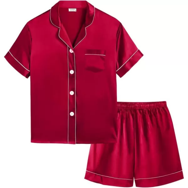 SWOMOG Kids Silk Satin Pajamas Set Girls Boys ButtonDown Sleepwear Short Sleeve 2 Piece PJs Sets Lounge SetsRed