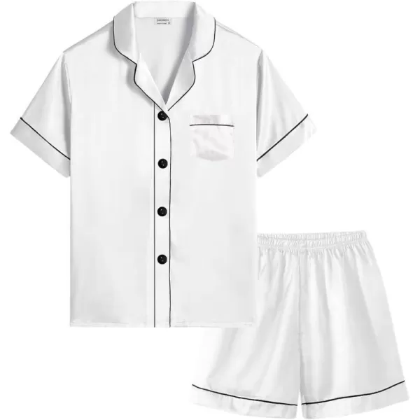 SWOMOG Kids Silk Satin Pajamas Set Girls Boys ButtonDown Sleepwear Short Sleeve 2 Piece PJs Sets Lounge SetsWhite