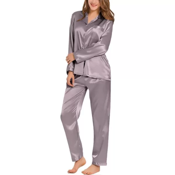 SWOMOG Long Sleeve Pajamas Set Silk Satin Sleepwear Button Down Pjs Loungewear with PocketChestnut