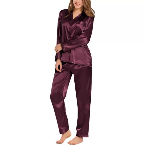 SWOMOG Long Sleeve Pajamas Set Silk Satin Sleepwear Button Down Pjs Loungewear with PocketDeep Wine Red