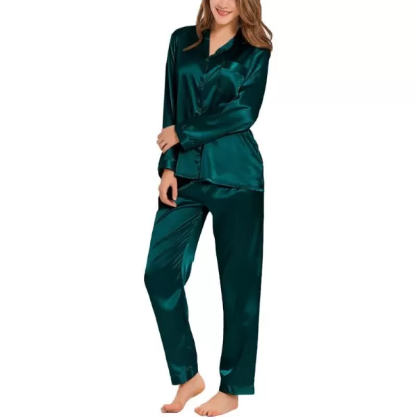 SWOMOG Long Sleeve Pajamas Set Silk Satin Sleepwear Button Down Pjs Loungewear with PocketDeepgreen