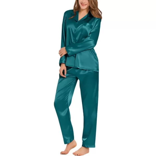 SWOMOG Long Sleeve Pajamas Set Silk Satin Sleepwear Button Down Pjs Loungewear with PocketGreen