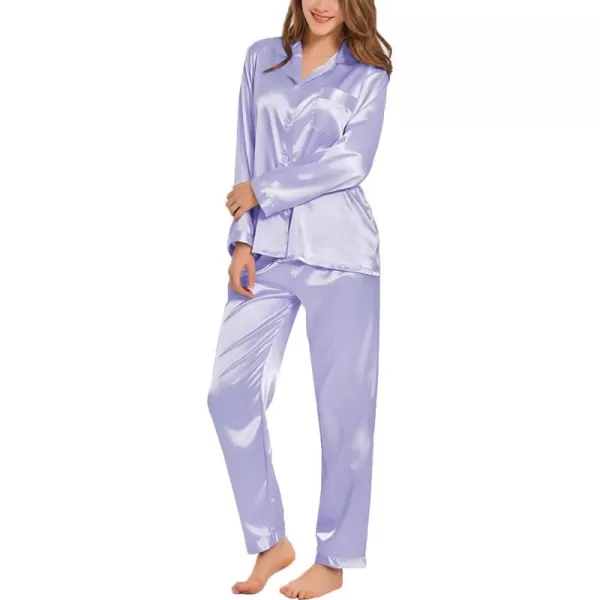 SWOMOG Long Sleeve Pajamas Set Silk Satin Sleepwear Button Down Pjs Loungewear with PocketLavender