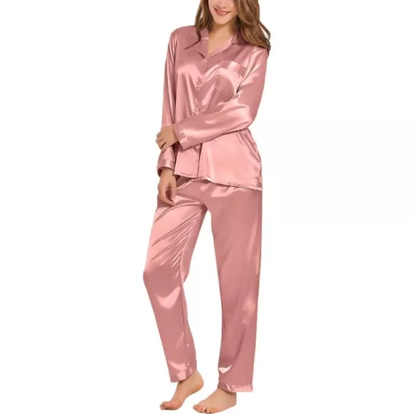 SWOMOG Long Sleeve Pajamas Set Silk Satin Sleepwear Button Down Pjs Loungewear with PocketMisty Rose