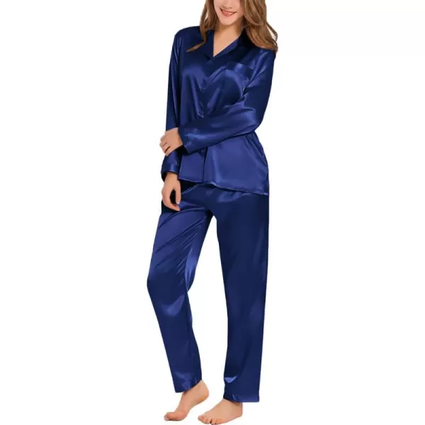 SWOMOG Long Sleeve Pajamas Set Silk Satin Sleepwear Button Down Pjs Loungewear with PocketNavy Blue