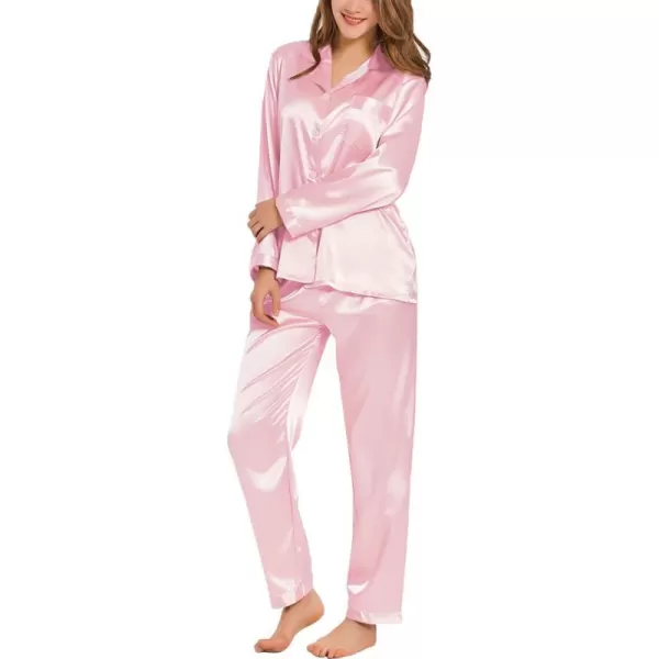 SWOMOG Long Sleeve Pajamas Set Silk Satin Sleepwear Button Down Pjs Loungewear with PocketPink