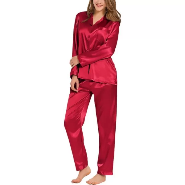 SWOMOG Long Sleeve Pajamas Set Silk Satin Sleepwear Button Down Pjs Loungewear with PocketRed