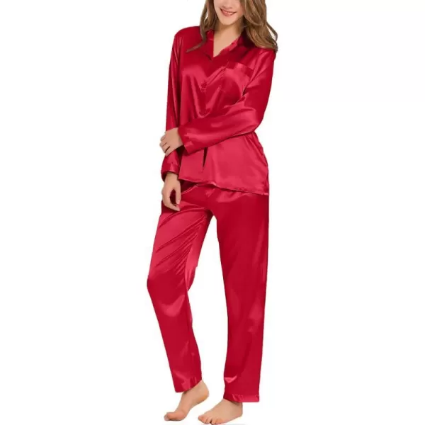 SWOMOG Long Sleeve Pajamas Set Silk Satin Sleepwear Button Down Pjs Loungewear with PocketRed1