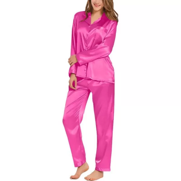 SWOMOG Long Sleeve Pajamas Set Silk Satin Sleepwear Button Down Pjs Loungewear with PocketRose Red