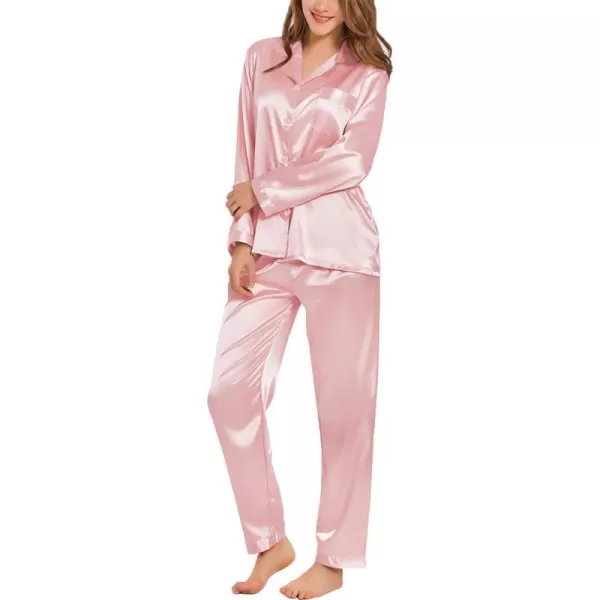 SWOMOG Long Sleeve Pajamas Set Silk Satin Sleepwear Button Down Pjs Loungewear with PocketSakura Pink