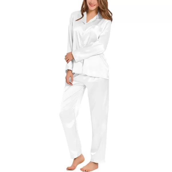 SWOMOG Long Sleeve Pajamas Set Silk Satin Sleepwear Button Down Pjs Loungewear with PocketWhite