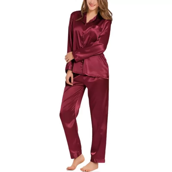 SWOMOG Long Sleeve Pajamas Set Silk Satin Sleepwear Button Down Pjs Loungewear with PocketWine Red