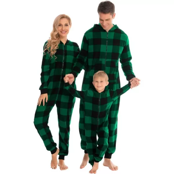 SWOMOG Matching Family Christmas One Piece Pajamas Fleece Onepiece ParentChild Zipup Jumpsuit with Pockets PjsKids Big Plaid Black and Green