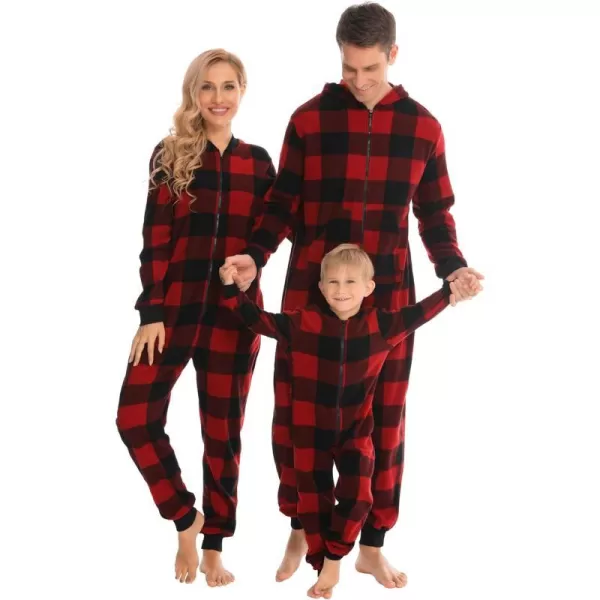 SWOMOG Matching Family Christmas One Piece Pajamas Fleece Onepiece ParentChild Zipup Jumpsuit with Pockets PjsKids Black and Red Plaid