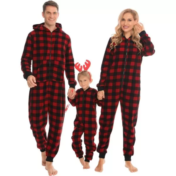 SWOMOG Matching Family Christmas One Piece Pajamas Fleece Onepiece ParentChild Zipup Jumpsuit with Pockets PjsKids Red