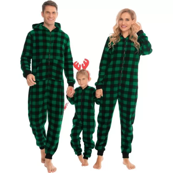 SWOMOG Matching Family Christmas One Piece Pajamas Fleece Onepiece ParentChild Zipup Jumpsuit with Pockets PjsKids Small Plaid Black and Green