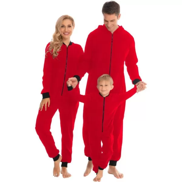 SWOMOG Matching Family Christmas One Piece Pajamas Fleece Onepiece ParentChild Zipup Jumpsuit with Pockets PjsKids Solid Colorred1